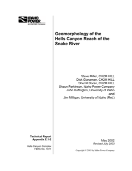 (E.1-2) Geomorphology of the Hells Canyon Reach of the Snake River