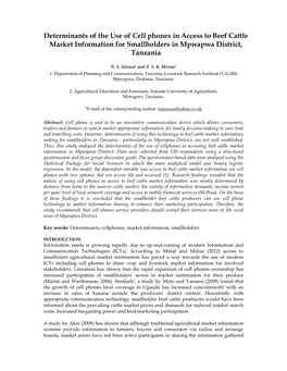 Determinants of the Use of Cell Phones in Access to Beef Cattle Market Information for Smallholders in Mpwapwa District, Tanzania