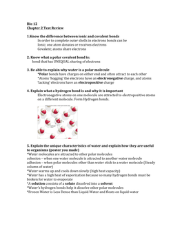 Bio 12 Chapter 2 Test Review 1.Know the Difference Between Ionic And