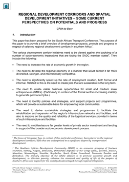 Regional Development Corridors and Spatial Development Initiatives – Some Current Perspectives on Potentials and Progress