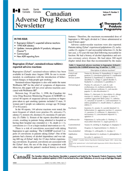 Canadian Adverse Drug Reaction Newsletter Is Prepared and Funded by the Therapeutic Products Programme, Health Canada, and Is Published Regularly in CMAJ