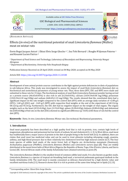 Effects (In Vivo) of the Nutritional Potential of Snail Limicolaria Flammea (Müller) Meat on Wistar Rats