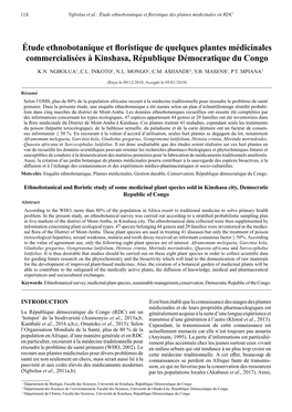 Étude Ethnobotanique Et Floristique De Quelques Plantes Médicinales Commercialisées À Kinshasa, République Démocratique Du Congo