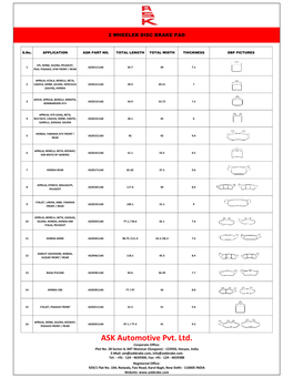 ASK 2 Wheeler Disc Brake Pad Catalogue