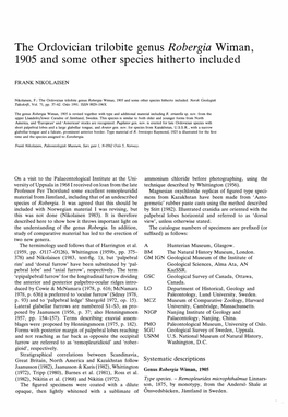 The Ordovician Trilobite Genus Robergia Wiman, 1905 and Some Other Species Hitherto Included