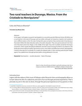 Two Rural Teachers in Durango, Mexico. from the Cristiada to Henriquismo1