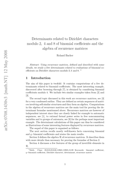 Determinants Related to Dirichlet Characters Modulo 2, 4 and 8 Of