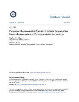 Prevalence of Ectoparasite Infestation in Neonate Yarrow's Spiny Lizards, Sceloporus Jarrovii (Phrynosomatidae), from Arizona