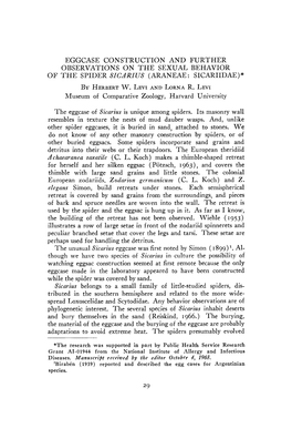 Eggcase Construction and Further Observations on the Sexual Behavior of the Spider Sicarius (Araneae: Sicariidae)'* by Herbert W