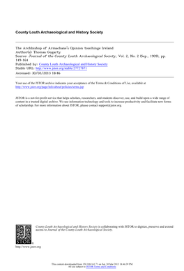 The Archbishop of Armachane's Opinion Touchinge Ireland Author(S): Thomas Gogarty Source: Journal of the County Louth Archaeological Society, Vol
