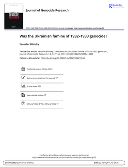 Yaroslav Bilinsky, “Was the Ukrainian Famine of 1932-1933 Genocide?”