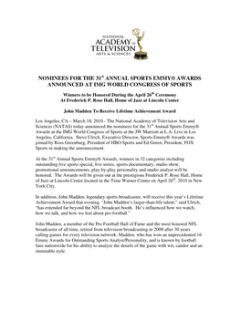 Nominees for the 31 Annual Sports Emmy® Awards