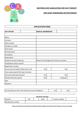 Western Cape Association for Play Therapy Wes-Kaap Vereniging Vir Spelterapie Application Form