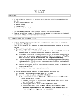 Page Mark 15:40 – 6:20 the Risen Lord Introduction 1. In