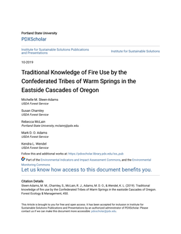 Traditional Knowledge of Fire Use by the Confederated Tribes of Warm Springs in the Eastside Cascades of Oregon