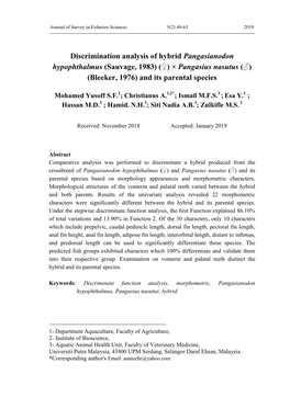 Discrimination Analysis of Hybrid Pangasianodon Hypophthalmus (Sauvage, 1983) (♀) × Pangasius Nasutus (♂) (Bleeker, 1976) and Its Parental Species