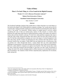 Value of Data: There’S No Such Thing As a Free Lunch in the Digital Economy Wendy C.Y