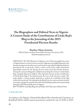 The Blogosphere and Political News in Nigeria: a Content Study of the Contributions of Linda Ikeji’S Blog to the Journaling of the 2015 Presidential Election Results