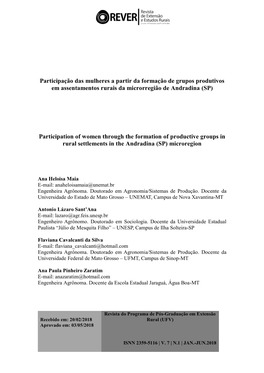 Participação Das Mulheres a Partir Da Formação De Grupos Produtivos Em Assentamentos Rurais Da Microrregião De Andradina (SP)