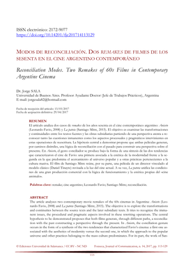 Modos De Reconciliación. Dos Remakes De Filmes De Los Sesenta En El Cine Argentino Contemporáneo = Reconciliation Modes. Two R