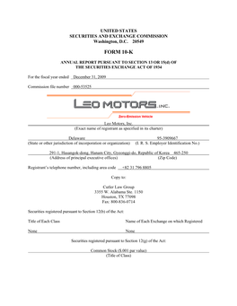 Leo Motors, Inc. (Exact Name of Registrant As Specified in Its Charter)