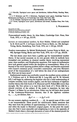 Transcendental Number Theory, by Alan Baker, Cambridge Univ. Press, New York, 1975, X + 147 Pp., $13.95