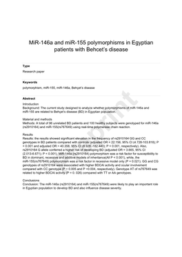 Mir-146A and Mir-155 Polymorphisms in Egyptian Patients with Behcet's Disease