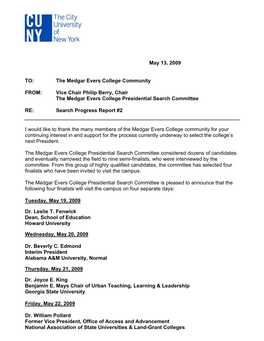 May 13, 2009 TO: the Medgar Evers College Community FROM