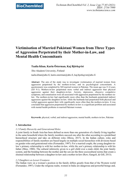 Victimisation of Married Pakistani Women from Three Types of Aggression Perpetrated by Their Mother-In-Law, and Mental Health Concomitants