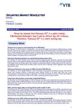 Company News SECURITIES MARKET NEWS LETTER Weekly