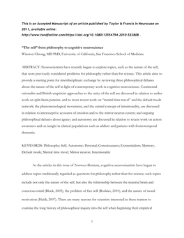 “The Self” from Philosophy to Cognitive Neuroscience Winston Chiong, MD Phd, University of California, San Francisco School of Medicine