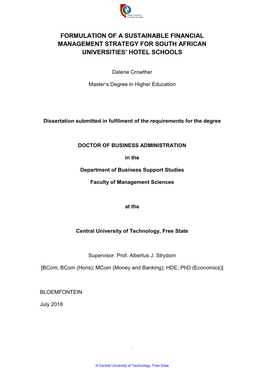 Formulation of a Sustainable Financial Management Strategy for South African Universities’ Hotel Schools