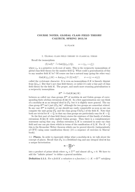 Course Notes, Global Class Field Theory Caltech, Spring 2015/16