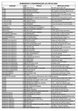 ROBINSON´S SONORIZAÇÃO (41) 99132-5484 CANTOR CÓD TÍTULO INÍCIO DA LETRA 365 6549 SÃO PAULO Tem Dias Que Eu Digo Não…