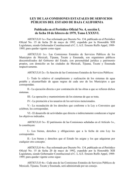 LEY DE LAS COMISIONES ESTATALES DE SERVICIOS PÚBLICOS DEL ESTADO DE BAJA CALIFORNIA Publicada En El Periódico Oficial No. 4, S