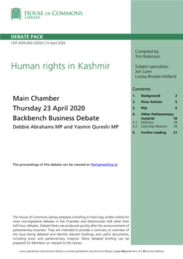 Human Rights in Kashmir Subject Specialists: Jon Lunn Louisa Brooke-Holland