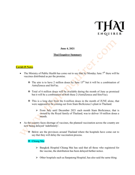 June 4, 2021 Thai Enquirer Summary Covid-19 News • the Ministry Of