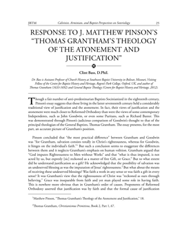 RESPONSE to J. MATTHEW PINSON's “THOMAS GRANTHAM's Theology of the ATONEMENT and JUSTIFICATION”