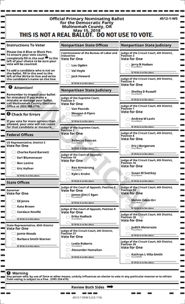 Official Primary Nominating Ballot for the Democratic Party Multnomah County, OR May 15, 2018