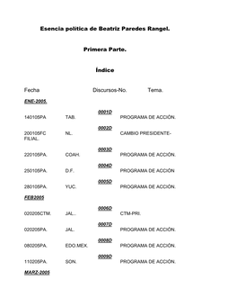 Esencia Política De Beatriz Paredes Rangel. Primera Parte. Índice