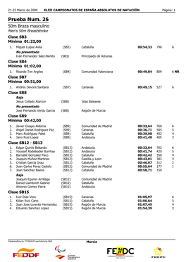 Prueba Num. 26 50M Braza Masculino Men's 50M Breaststroke Clase SB3 Minima 01:22,00 1