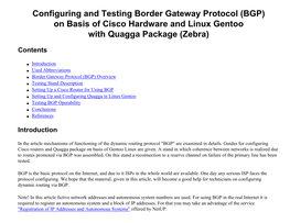 Configuring and Testing Border Gateway Protocol (BGP) on Basis of Cisco Hardware and Linux Gentoo with Quagga Package (Zebra)