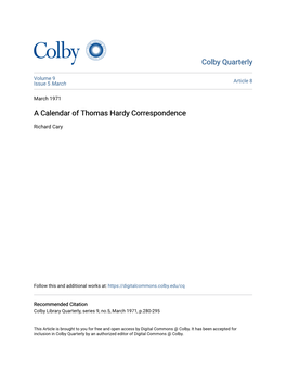 A Calendar of Thomas Hardy Correspondence