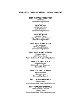 2014–2015 TAMY Awards Winners