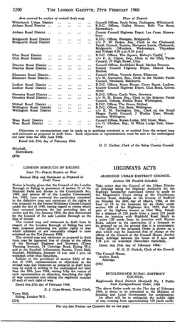2200 the London Gazette; 25Th February 1966 Highways Acts