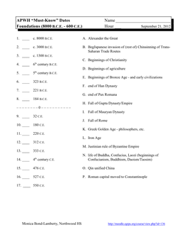 APWH “Must-Know” Dates Name ______Foundations (8000 B.C.E