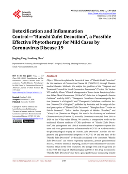 Detoxification and Inflammation Control—“Hanshi Zufei Decoction”, a Possible Effective Phytotherapy for Mild Cases by Coronavirus Disease 19