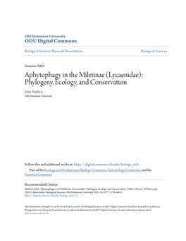 Lycaenidae): Phylogeny, Ecology, and Conservation John Mathew Old Dominion University