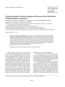 Proteomic Studies of Various Organs and Tissues of the Frilled Shark Chlamydoselachus Anguineus Feico M.A.H