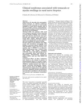 Clinical Syndromes Associated with Tomacula Or Myelin Swellings in Sural Nerve Biopsies